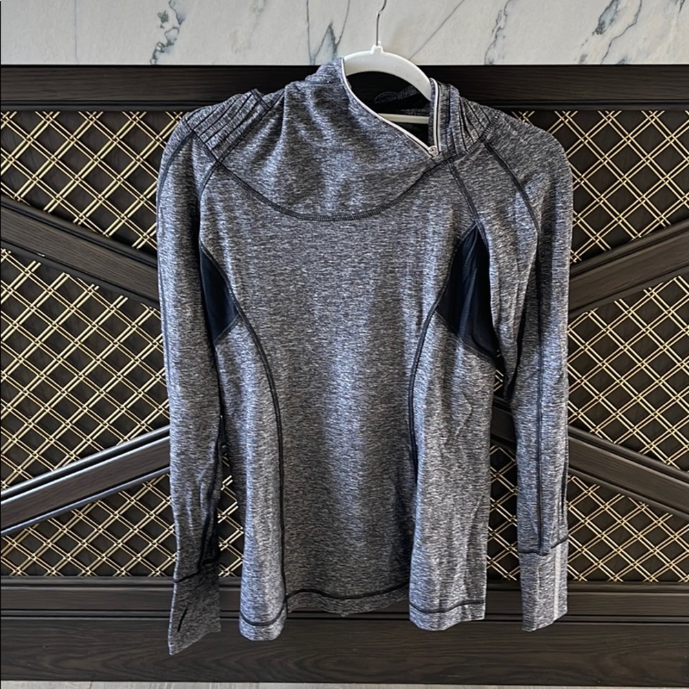 Grey, hooded, long sleeved tee